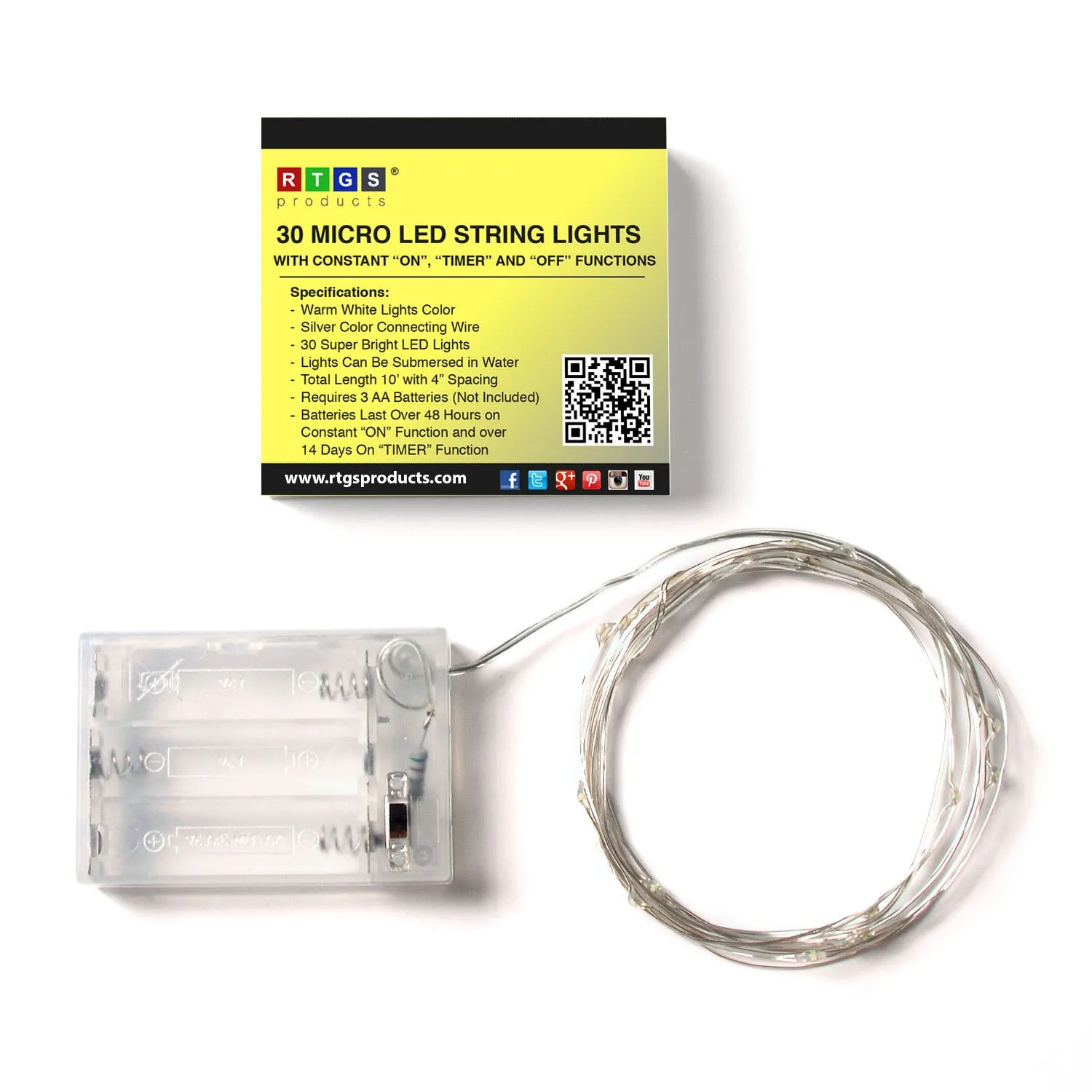 RTGS 30 Warm White Color LED String Lights Batteries Operated on 9.5 Feet Silver Color Wire with Timer