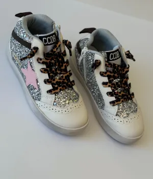 Silver glitter hitop sneakers with laces