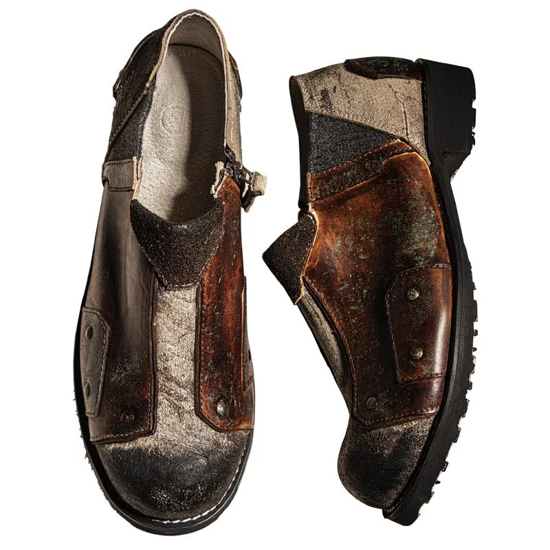 Slip-on handmade retro round toe men's and women's leather shoes