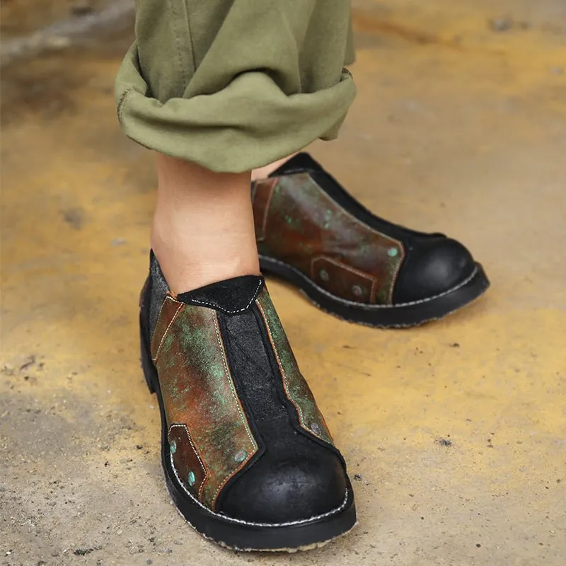 Slip-on handmade retro round toe men's and women's leather shoes