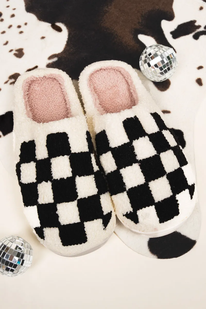 Slow Morning Black and Ivory Check Plush Slippers