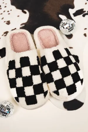 Slow Morning Black and Ivory Check Plush Slippers