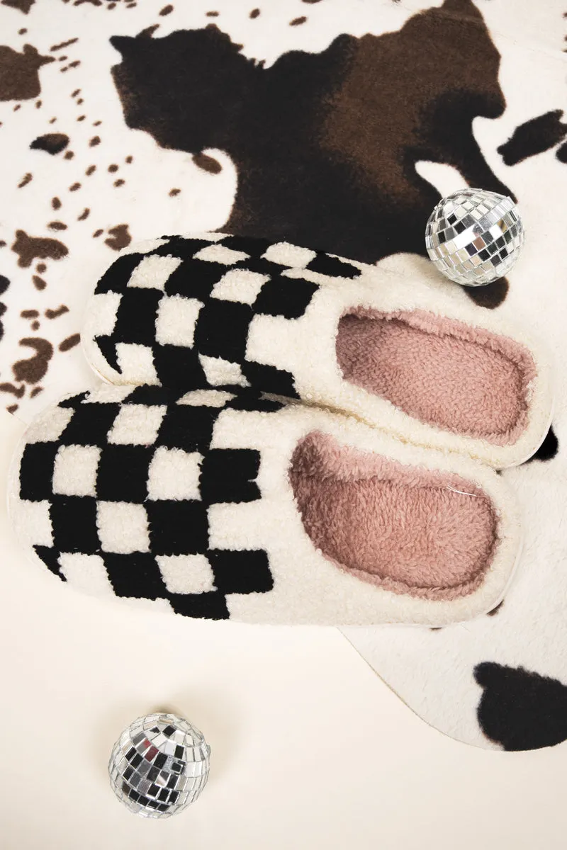 Slow Morning Black and Ivory Check Plush Slippers