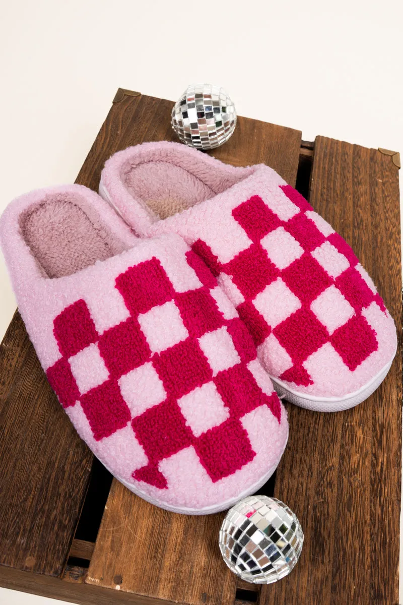 Slow Morning Pink Tonal Check Plush Slippers