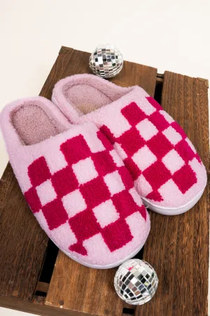 Slow Morning Pink Tonal Check Plush Slippers