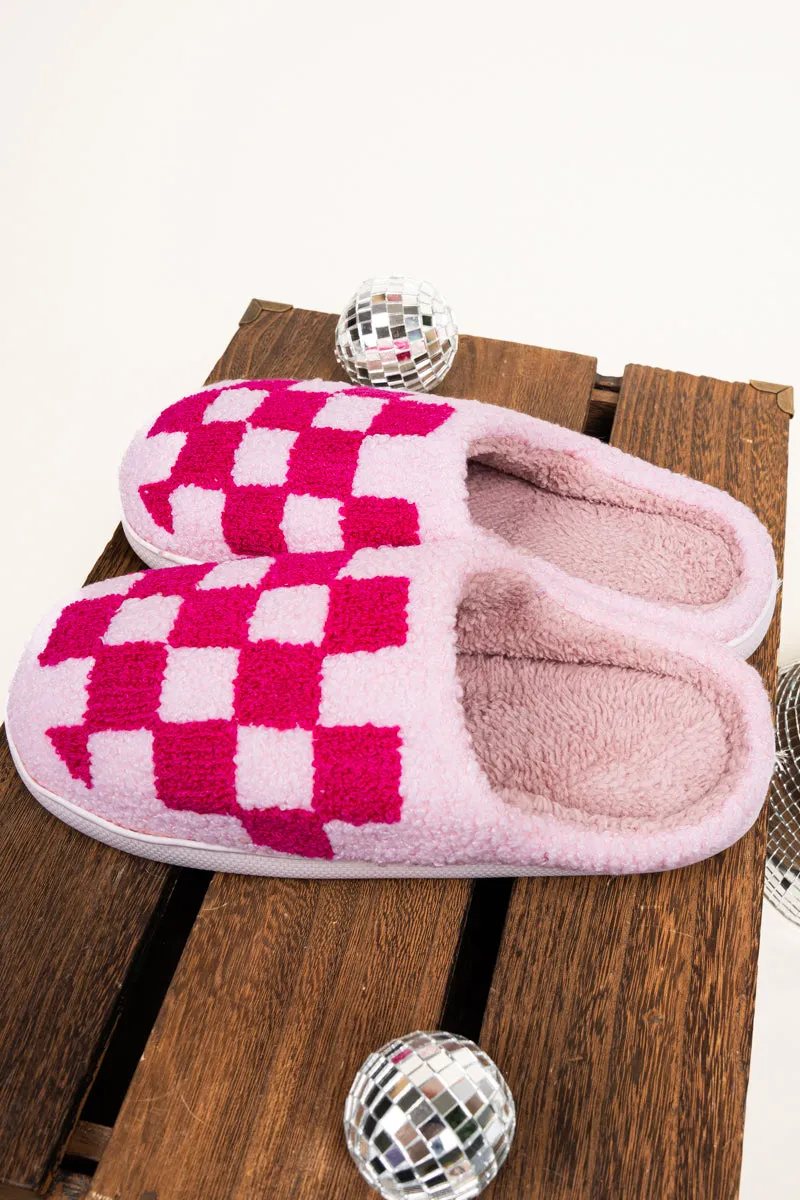 Slow Morning Pink Tonal Check Plush Slippers