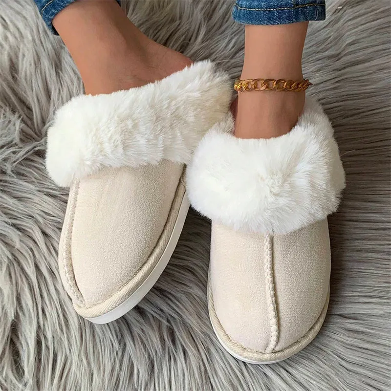 Snowy White Plush Liner Round Toe Home Slippers