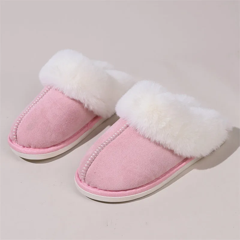Snowy White Plush Liner Round Toe Home Slippers