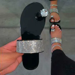 Solid Rhinestone Toe Ring Flat Sandals