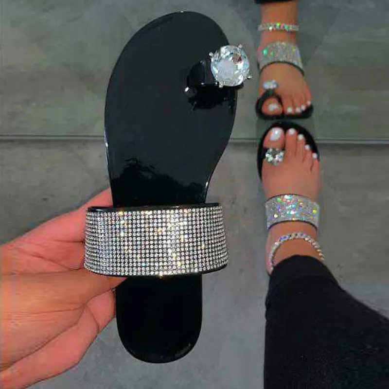 Solid Rhinestone Toe Ring Flat Sandals
