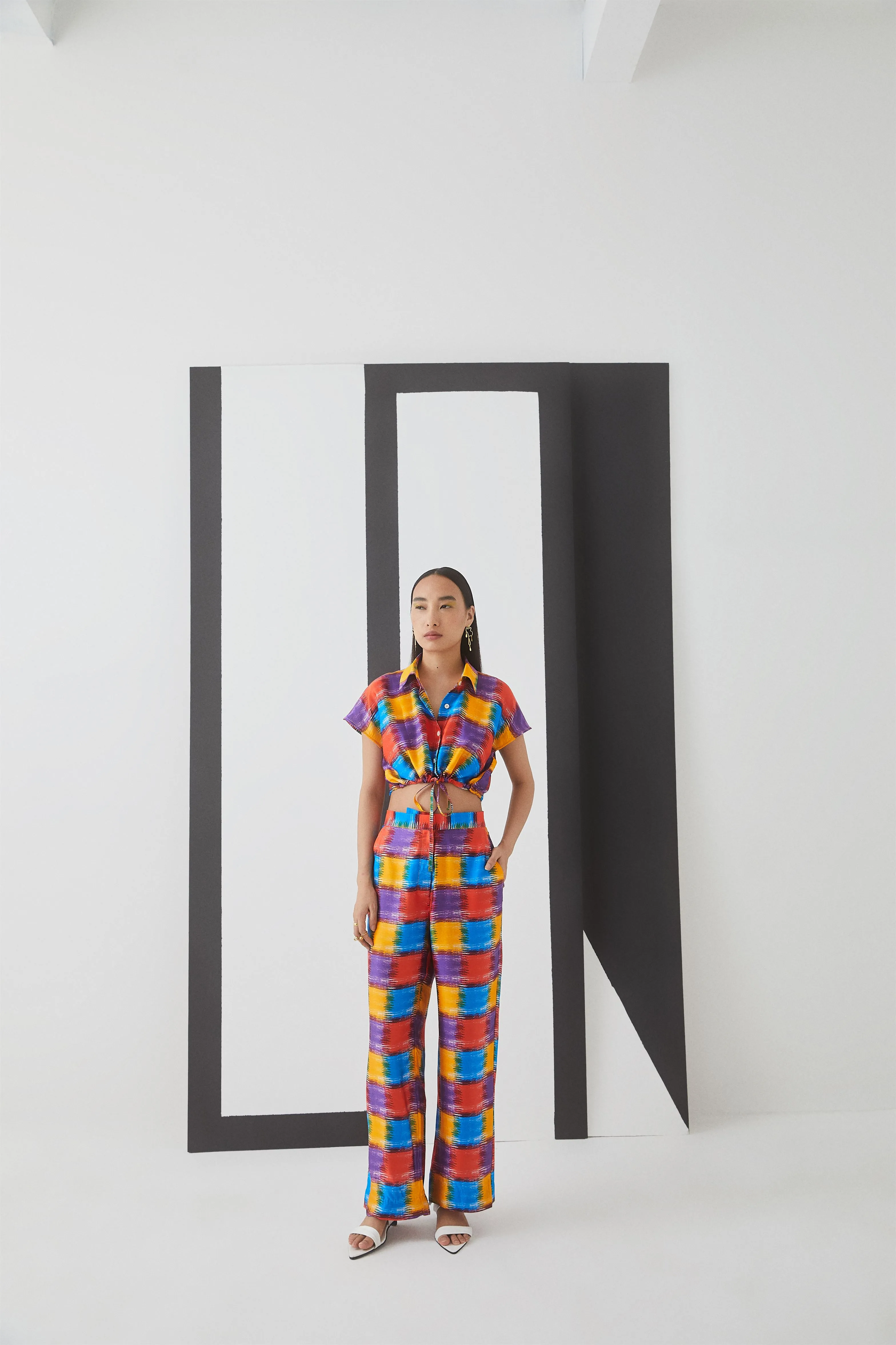 Studio Rigu Monetnaya Baltimore Check Cropped Shirt  Straight Pants Digital Print Vegan Silk Arcadia Collection
