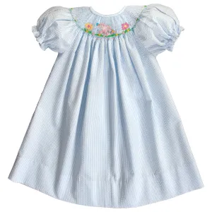 Sunflowers Bunny Blue Striped Seersucker Smocked Bishop