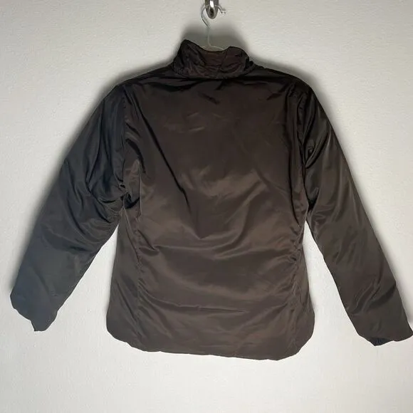 Talbots Womens Down Puffer Snap Jacket Coat Black Brown Reversible Small Petite