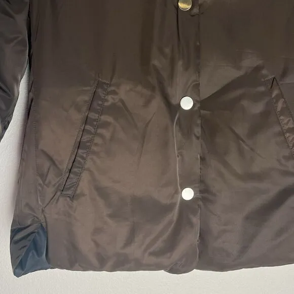 Talbots Womens Down Puffer Snap Jacket Coat Black Brown Reversible Small Petite