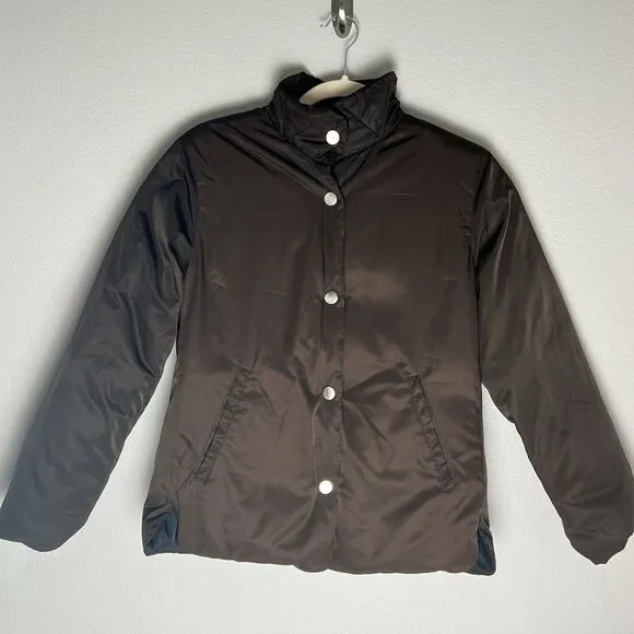 Talbots Womens Down Puffer Snap Jacket Coat Black Brown Reversible Small Petite