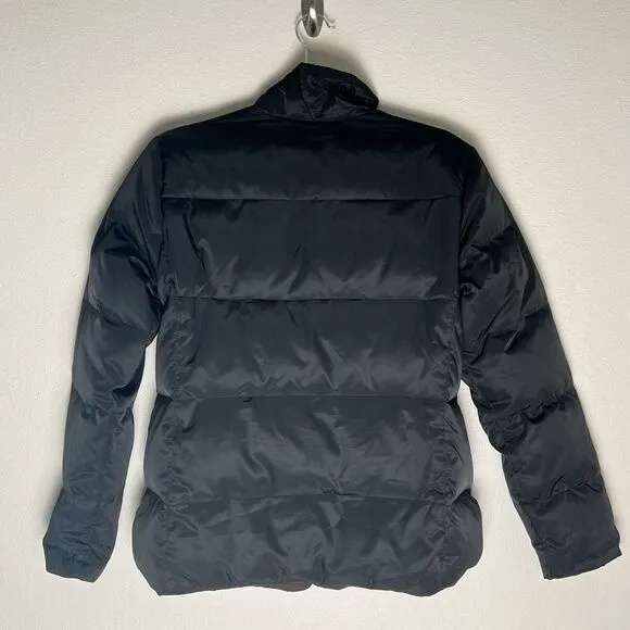 Talbots Womens Down Puffer Snap Jacket Coat Black Brown Reversible Small Petite