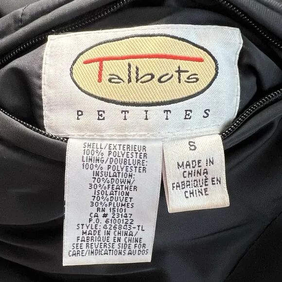 Talbots Womens Down Puffer Snap Jacket Coat Black Brown Reversible Small Petite
