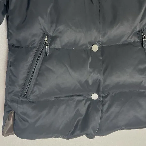 Talbots Womens Down Puffer Snap Jacket Coat Black Brown Reversible Small Petite