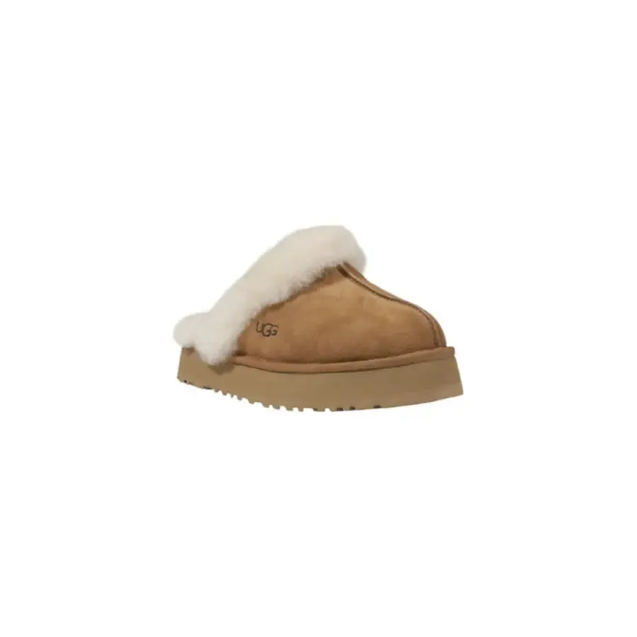 Tan UGG Slipper With White Fur Trim