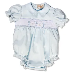 Three Crosses Light Blue Smocked Girl Bubble