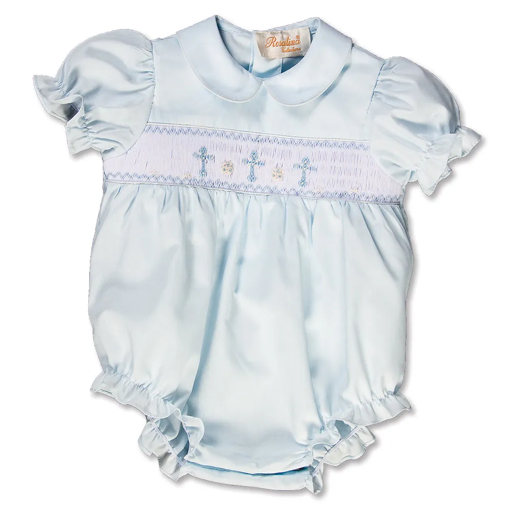 Three Crosses Light Blue Smocked Girl Bubble