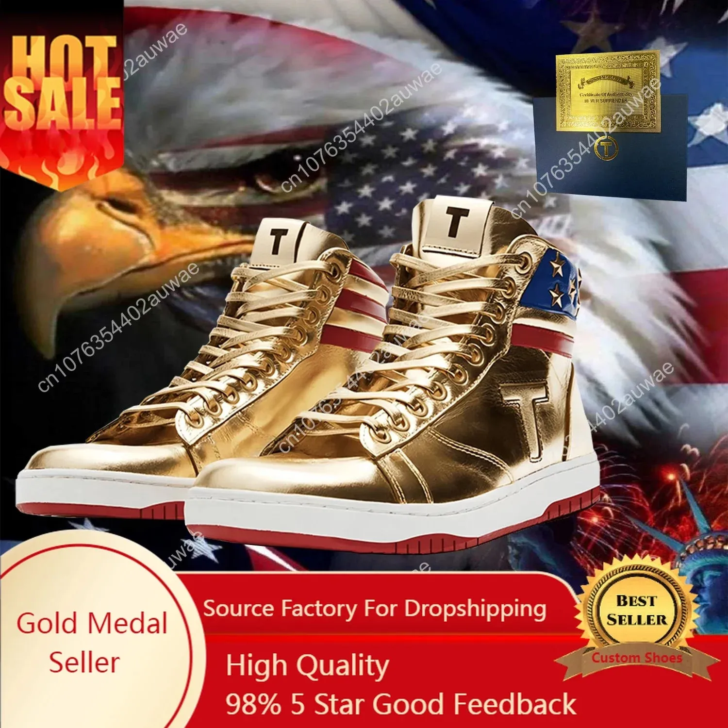 Trump NEVER SURRENDER Gold Mens 2024 MAGA Golden Streetwear Sneakers