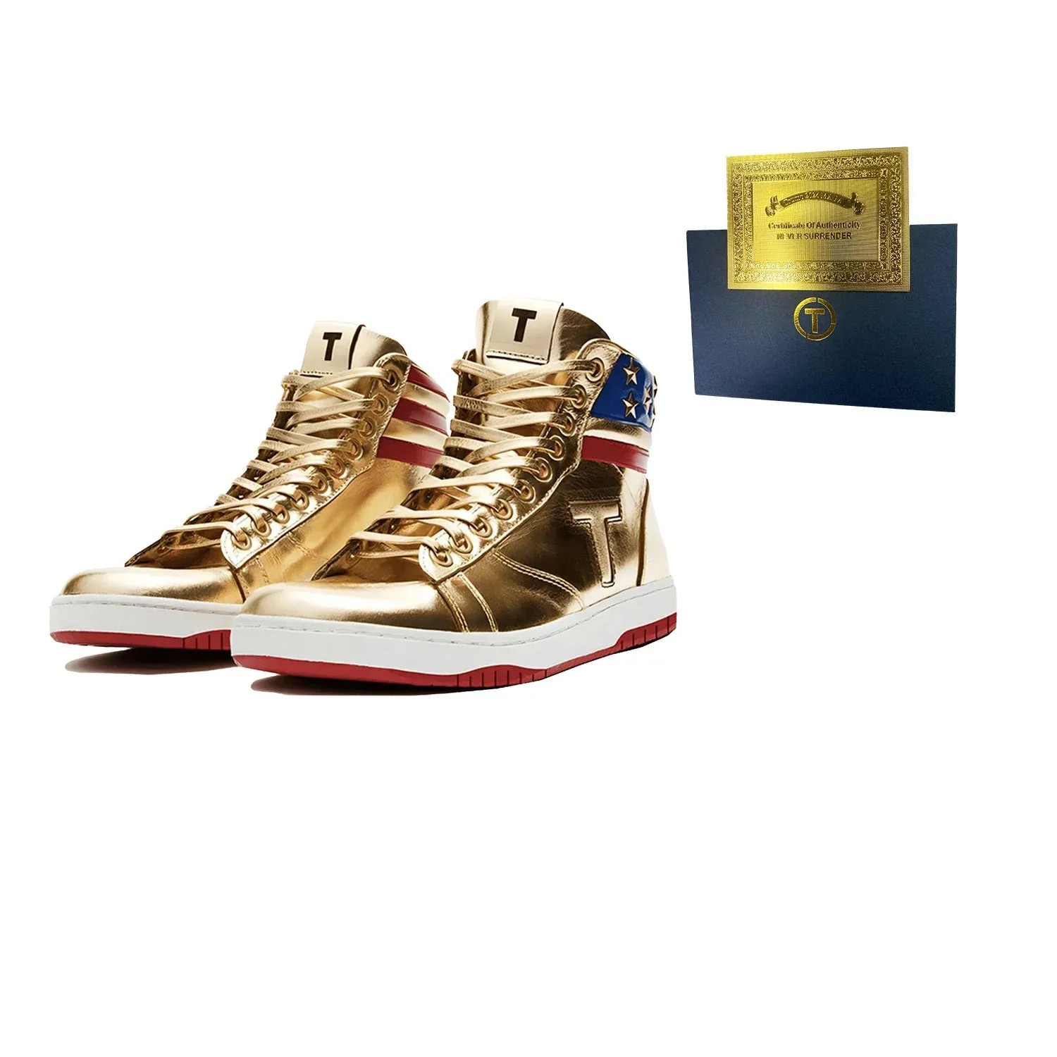 Trump NEVER SURRENDER Gold Mens 2024 MAGA Golden Streetwear Sneakers