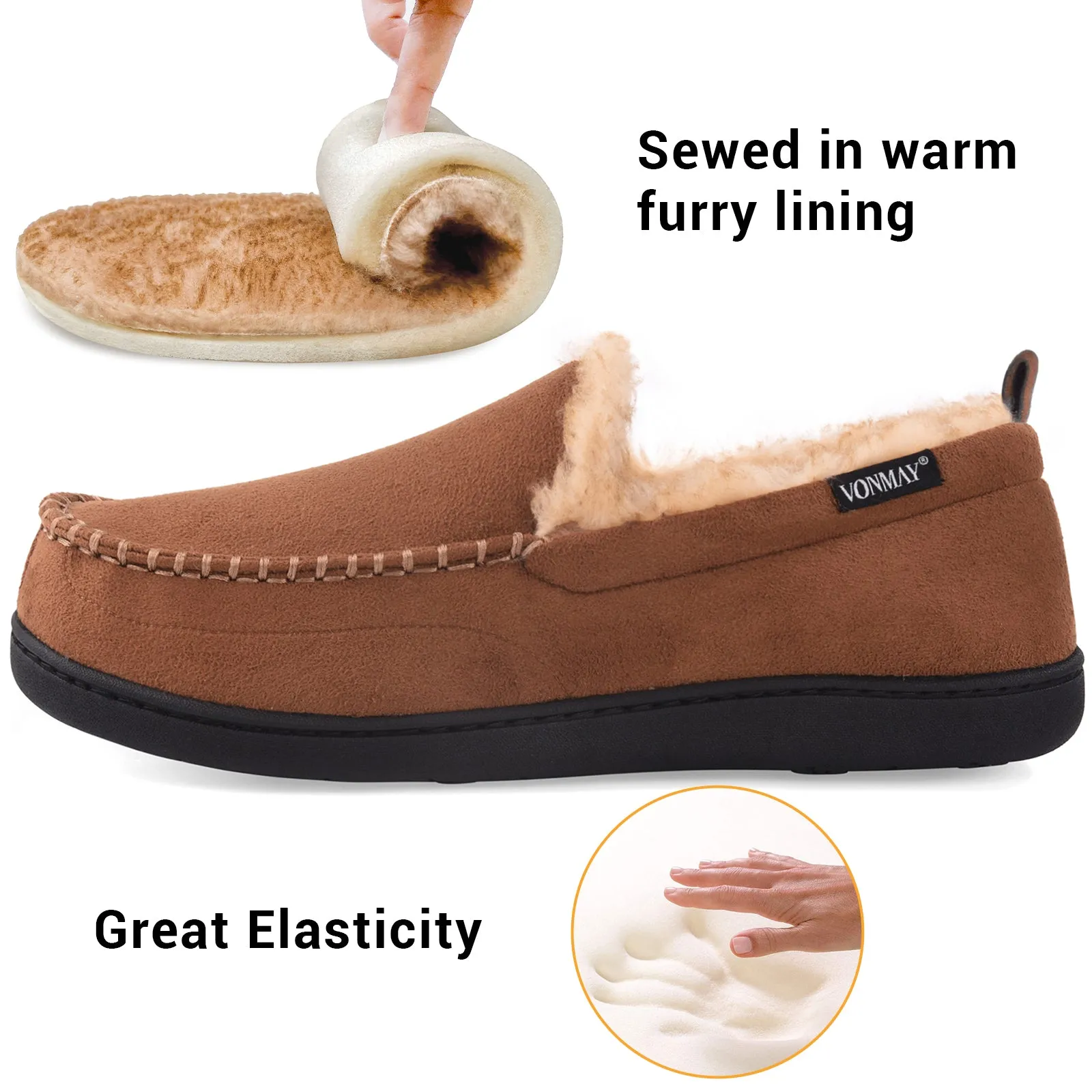VONMAY Men's Moccasin Slippers Fuzzy House Shoes Fluffy Fur Winter Warm Memory Foam Indoor Outdoor