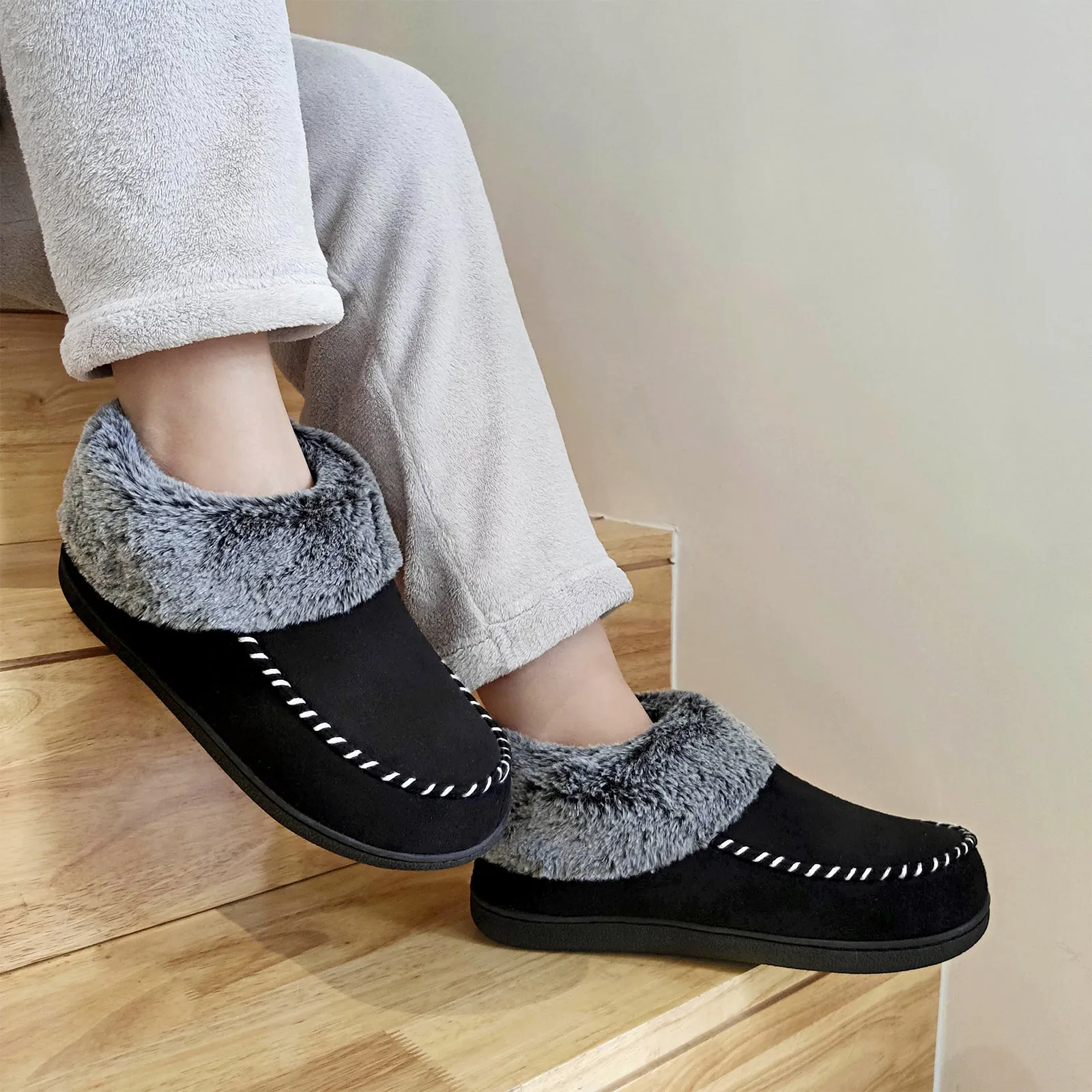 VONMAY Women's Moccasin Suede Bootie Slippers Furry Plush Boots House Shoes Indoor Outdoor