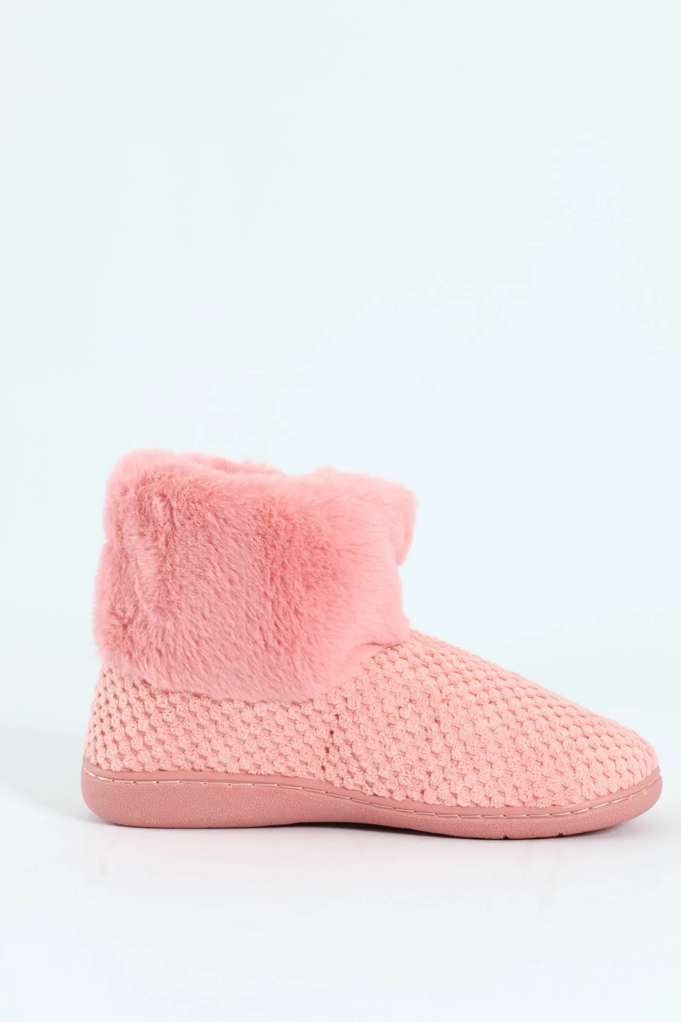 Waffle Knit Slipper Bootie With Fur - Blush
