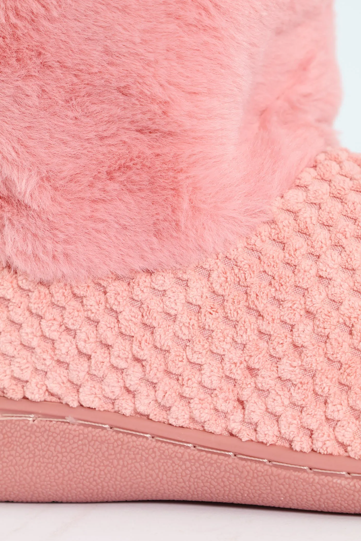 Waffle Knit Slipper Bootie With Fur - Blush