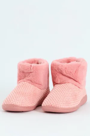 Waffle Knit Slipper Bootie With Fur - Blush