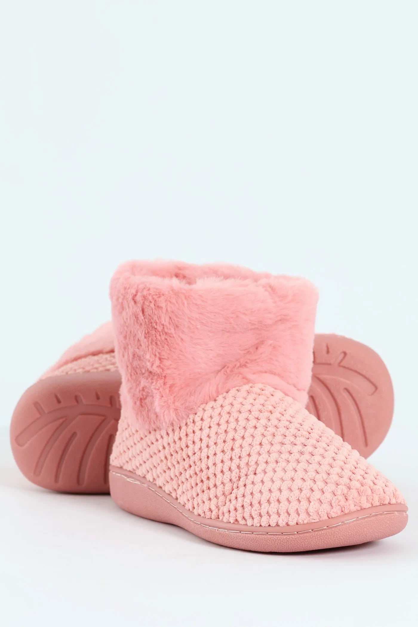 Waffle Knit Slipper Bootie With Fur - Blush