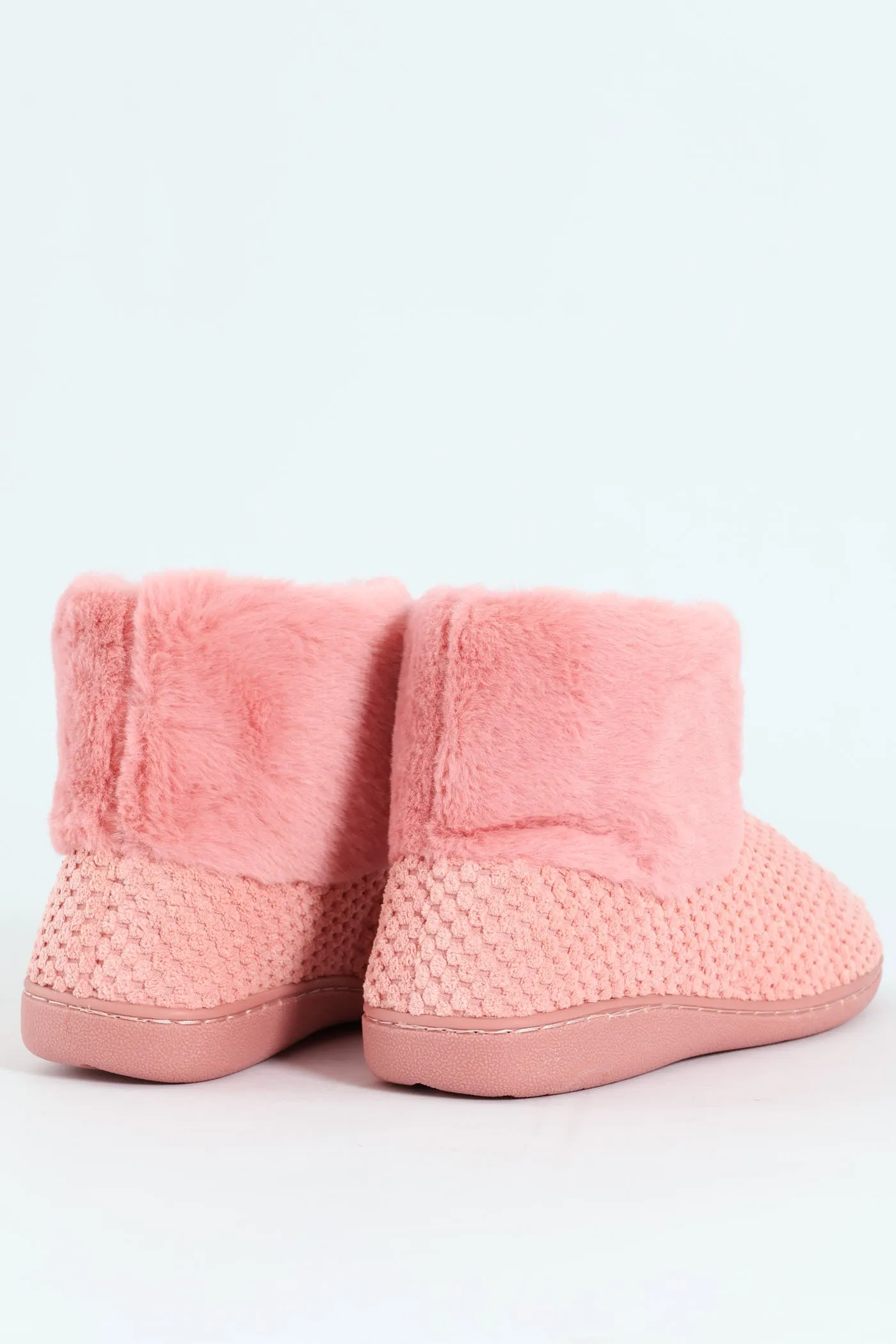 Waffle Knit Slipper Bootie With Fur - Blush