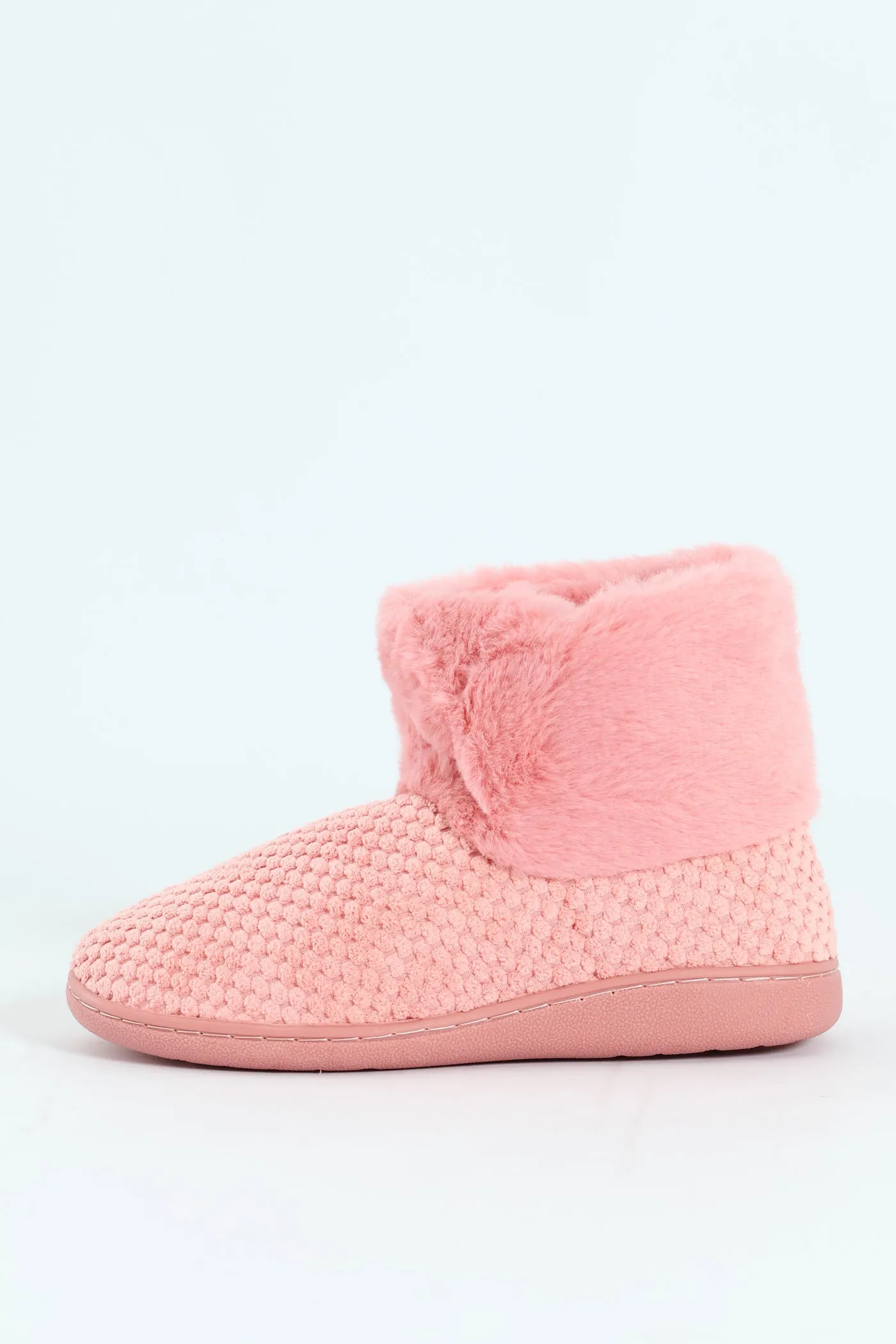 Waffle Knit Slipper Bootie With Fur - Blush