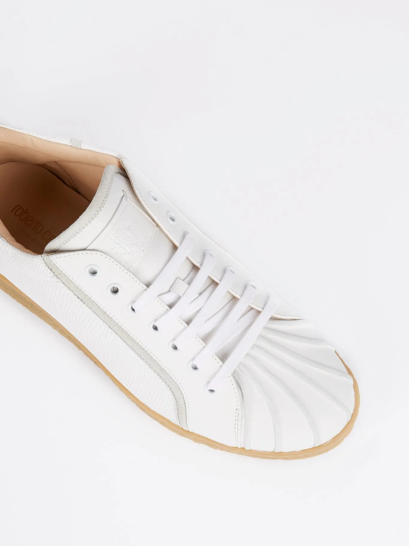 White Textured Leather Rear Logo Sneakers