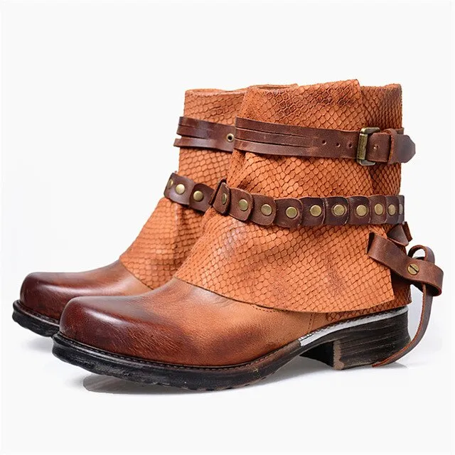 Women Casual Shoes Retro Buckle Ankle Boots Handmade Genuine Leather