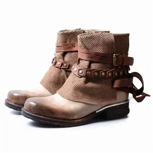 Women Casual Shoes Retro Buckle Ankle Boots Handmade Genuine Leather