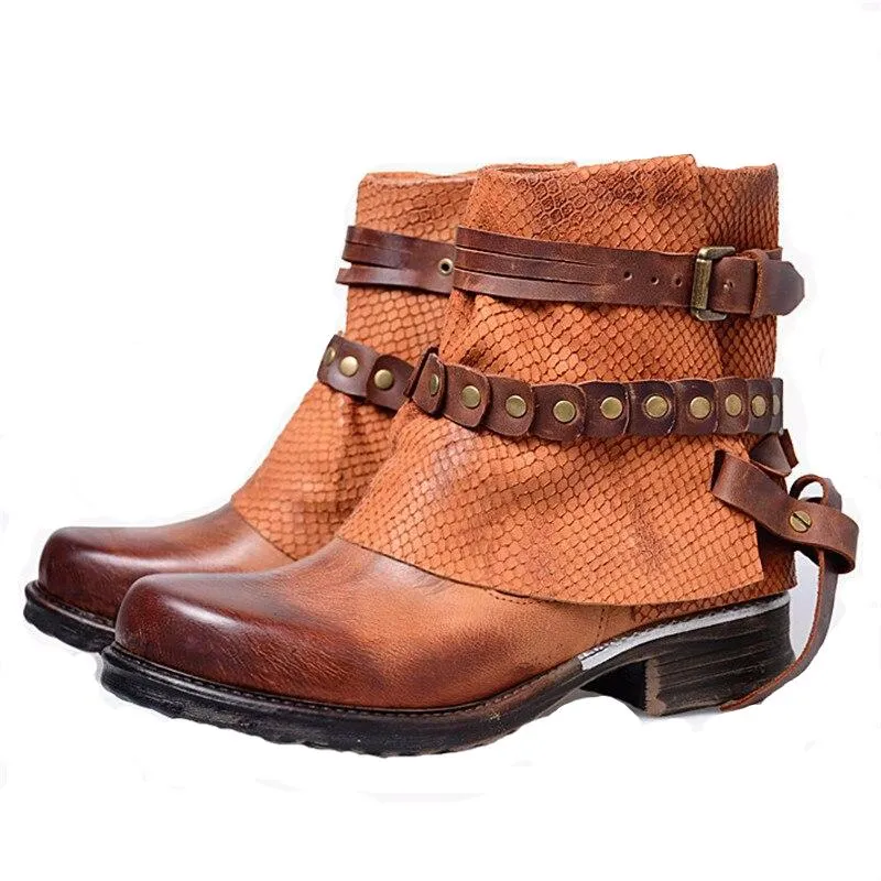 Women Casual Shoes Retro Buckle Ankle Boots Handmade Genuine Leather