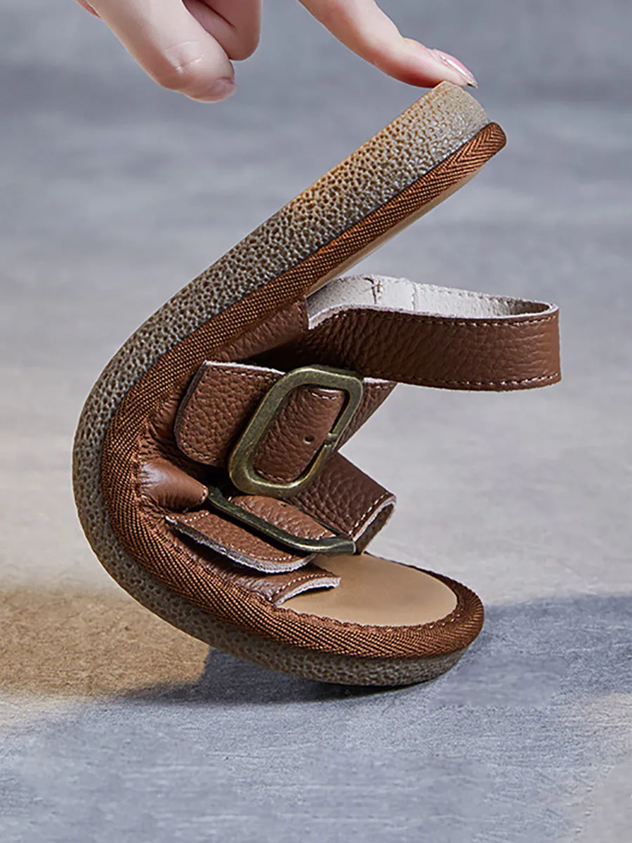Women Summer Casual Leather Flat Button Sandals