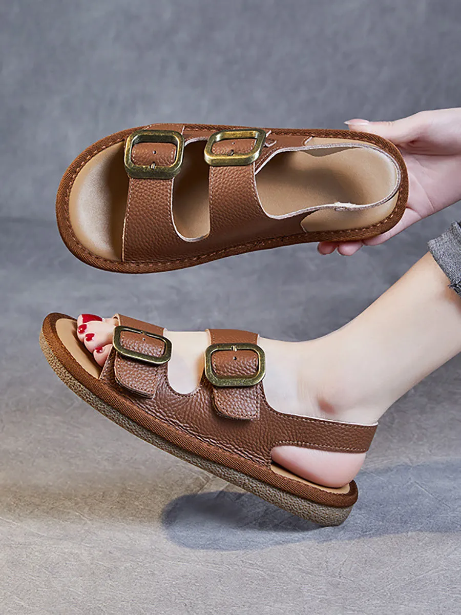Women Summer Casual Leather Flat Button Sandals