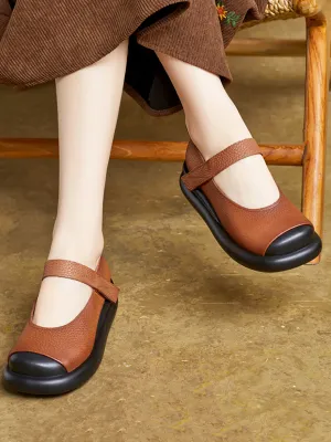 Women Vintage Soft Leather Colorblock Mary Jane Shoes