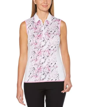 Womens Sleeveless Liquid Pink Printed Polo