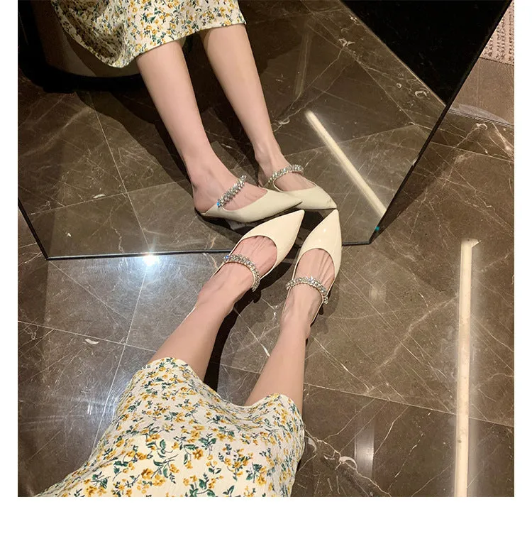 XIEYINSHE  Cowhide Version ~ Rhinestone Strap Mules Slippers Women's Summer Outer Wear Closed Toe Half Slippers Flat Slippers Half Support 2025