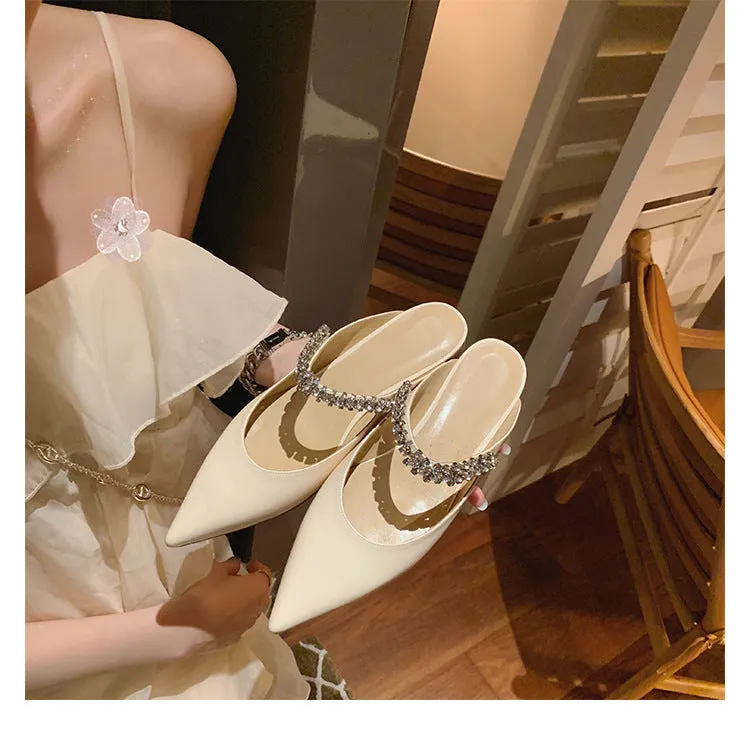 XIEYINSHE  Cowhide Version ~ Rhinestone Strap Mules Slippers Women's Summer Outer Wear Closed Toe Half Slippers Flat Slippers Half Support 2025