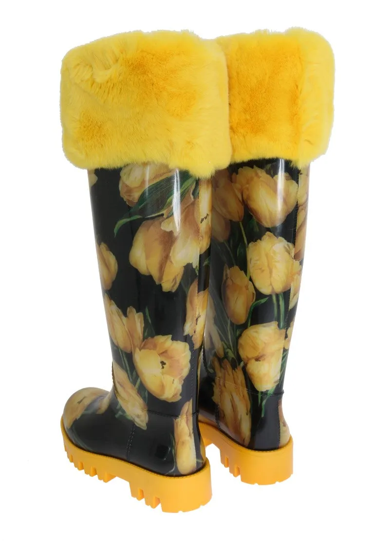 Yellow Tulip Print Fur Rubber Rain Boots