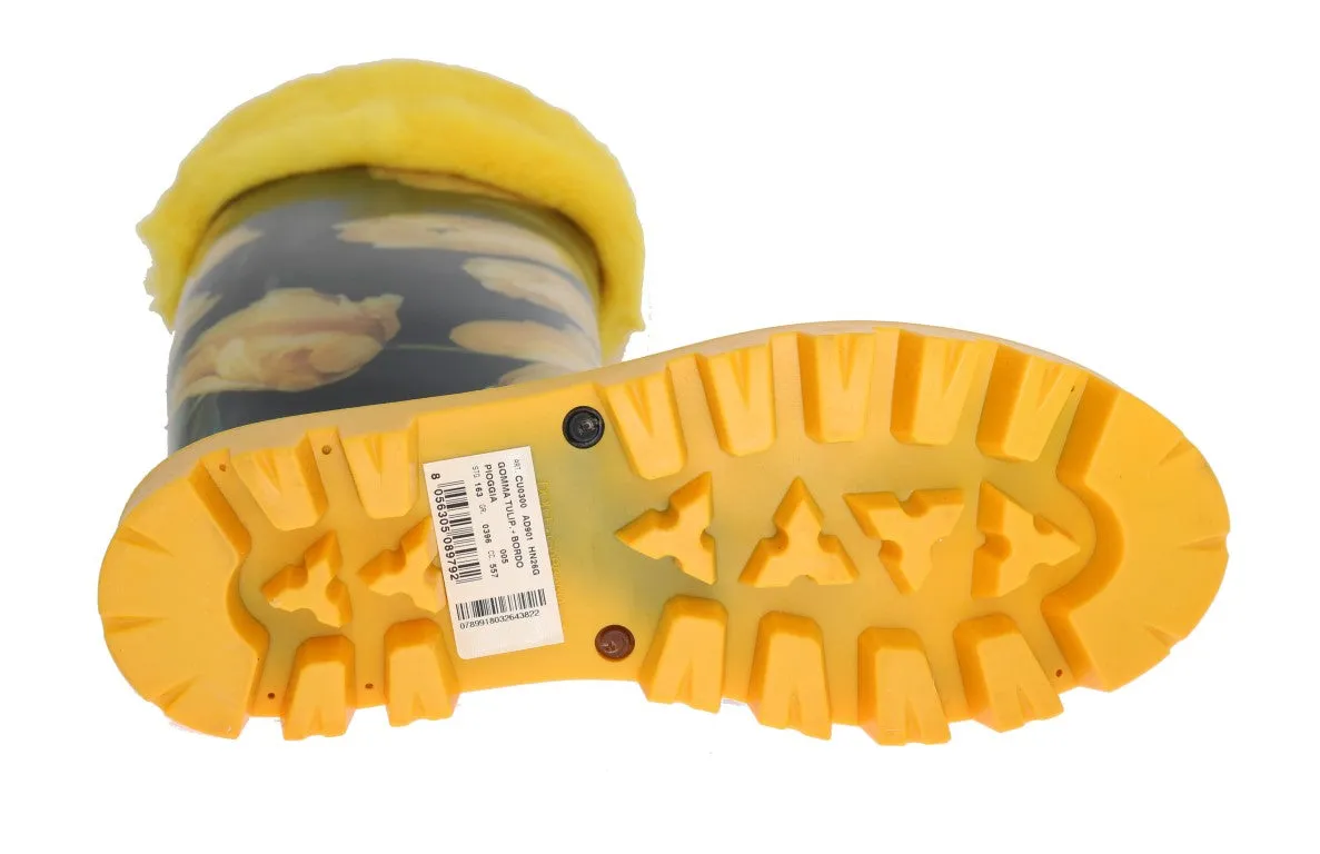 Yellow Tulip Print Fur Rubber Rain Boots
