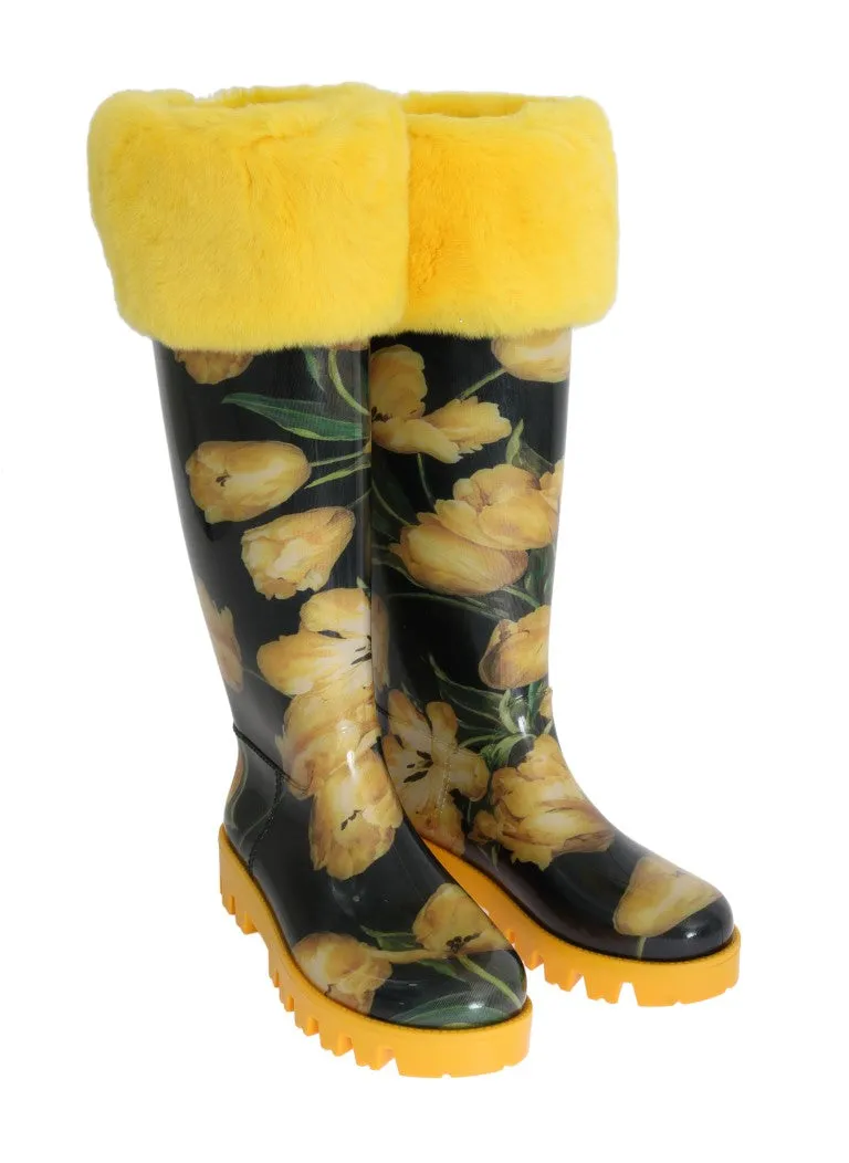 Yellow Tulip Print Fur Rubber Rain Boots