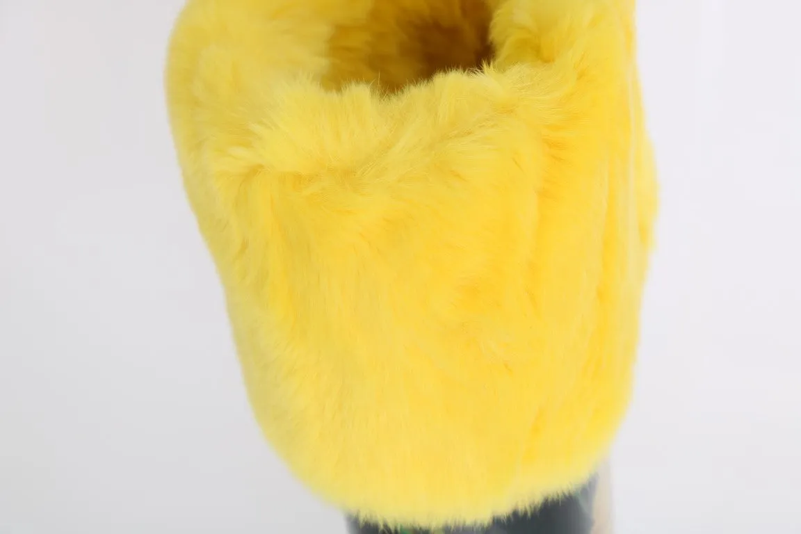 Yellow Tulip Print Fur Rubber Rain Boots